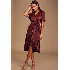 Wrapped Up In Love Burgundy Satin Faux-Wrap Midi Dress - NWT - Size Small